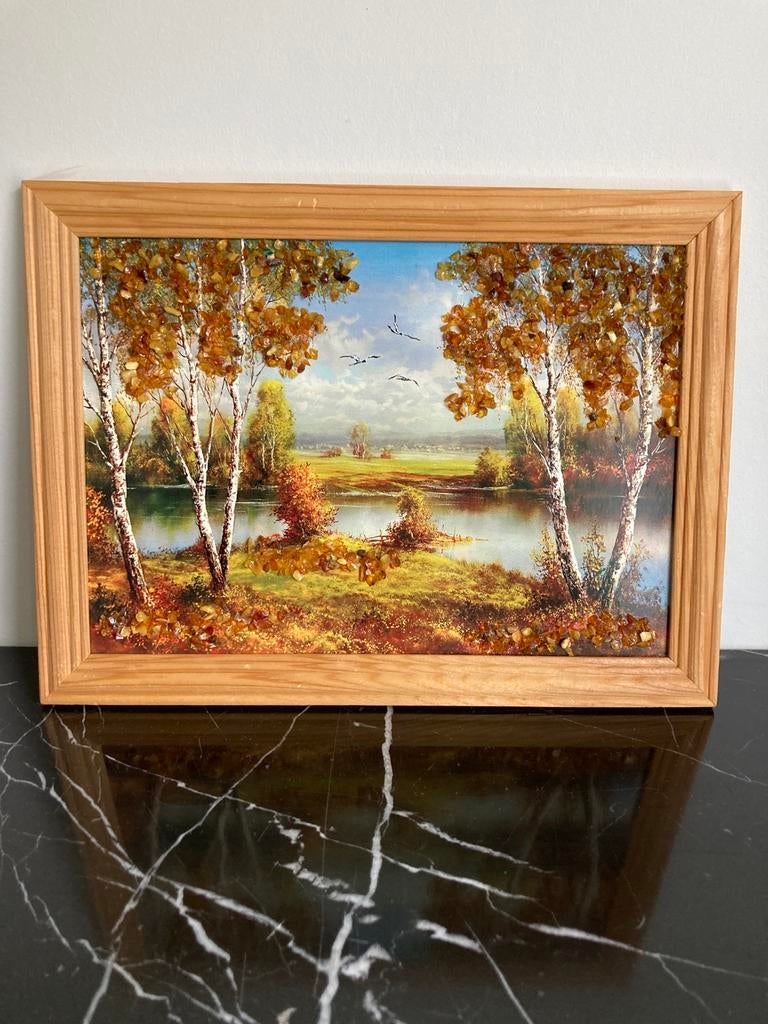 Russische schilderij met stukjes amber barnsteen, Ophalen of Verzenden