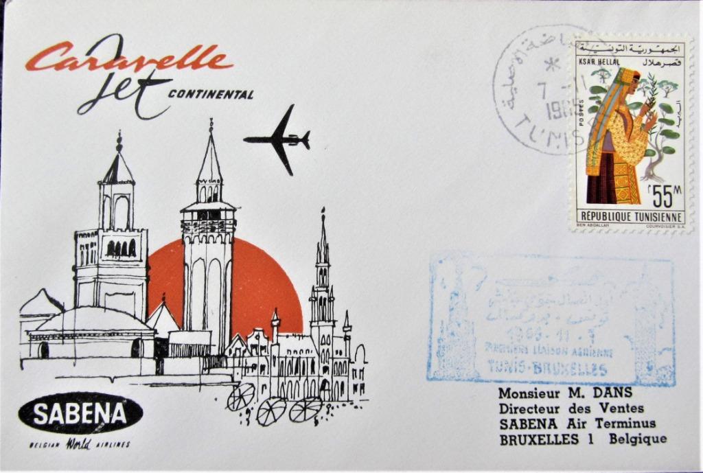FDC SABENA- TUNIS- BRUSSEL 1965, Enlèvement ou Envoi, Affranchi, Avions