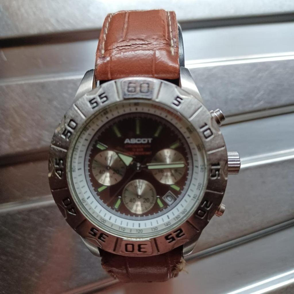 Horloge: Ascot Design Chronograph, 05/2013, Handtassen en Accessoires, Horloges | Heren, Leer, Staal, Polshorloge, Zo goed als nieuw