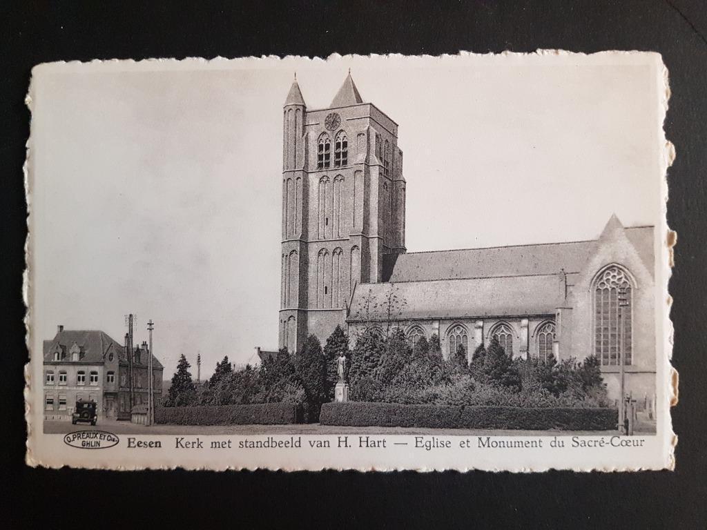Eesen Esen ( Diksmuide ) Kerk met standbeeld H.Hart, Ophalen of Verzenden, 1940 tot 1960, Ongelopen, West-Vlaanderen