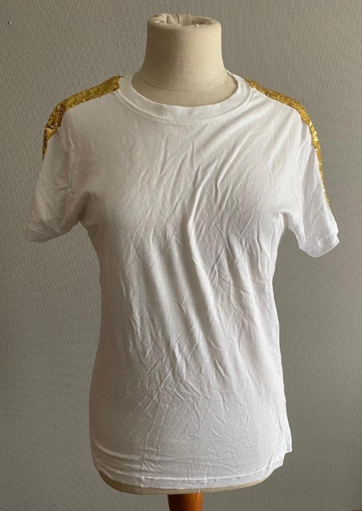 Witte t-shirt met goudkleurige paileten Lewis & Melly maat L, Verzenden, Wit, Maat 42/44 (L), Zo goed als nieuw