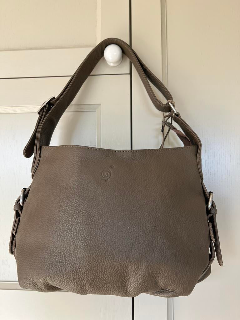 Taupe kleurige lederen handtas merk Luigi petrucci - nieuw, Ophalen of Verzenden, Handtas