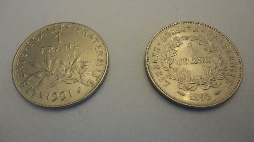 2 munten van 1 frank 1991 en 1992 Frankrijk zeer goede staat, Ophalen of Verzenden, Frankrijk, Setje