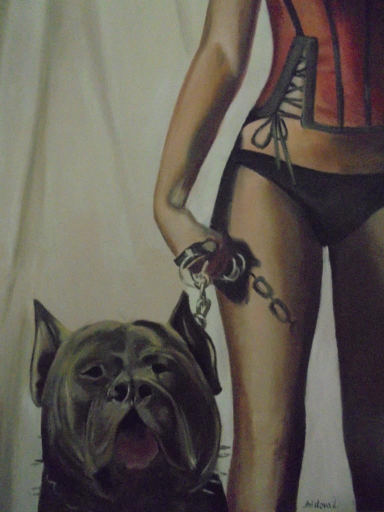 olieschilderij vrouw/pitbull (60x80 cm), Antiek en Kunst, Kunst | Schilderijen | Klassiek, Ophalen of Verzenden