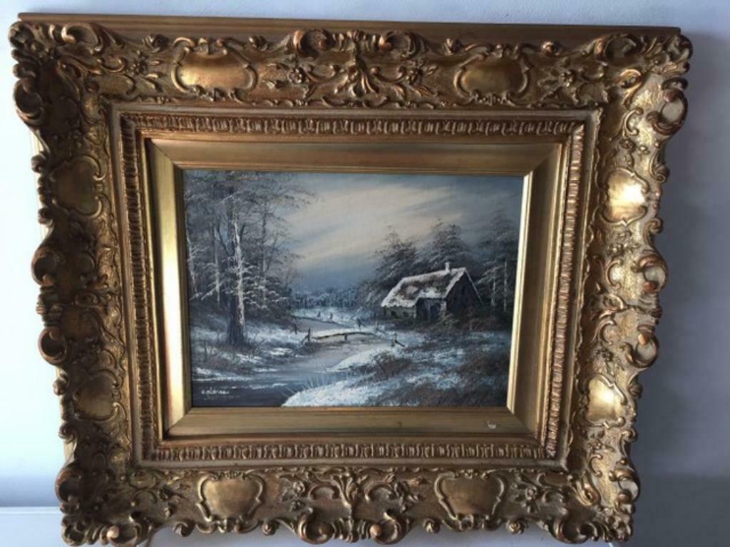 Wintertafereel Huis bruggetje en bomen, Antiek en Kunst, Ophalen of Verzenden