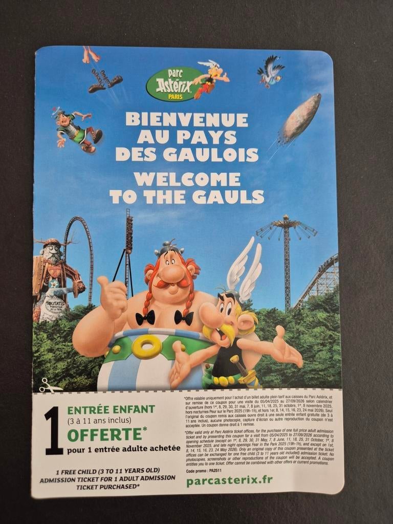 Parc Asterix - kortingsbon 1 kind gratis, Tickets & Billets, Une personne, Carte de réduction