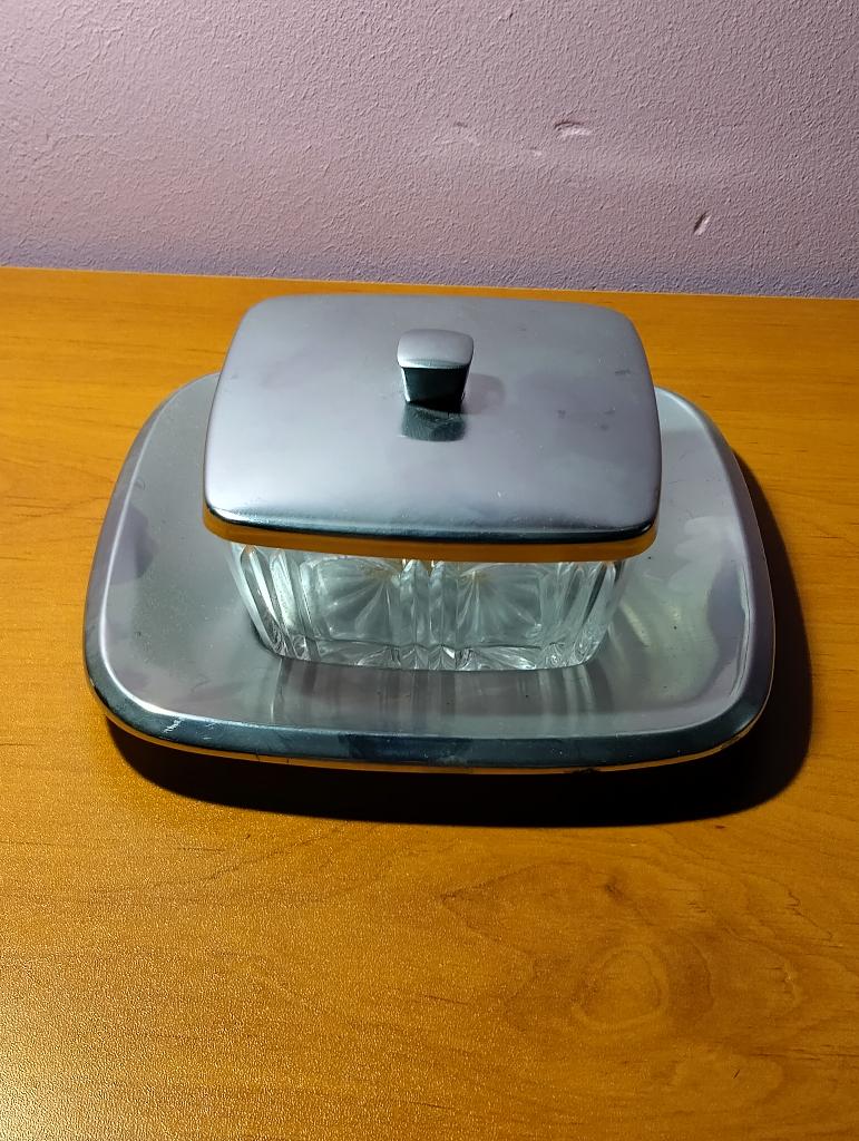 Demeyere botervloot van glas en metaal 10cm H 5cm vintage 60, Antiek en Kunst, Ophalen