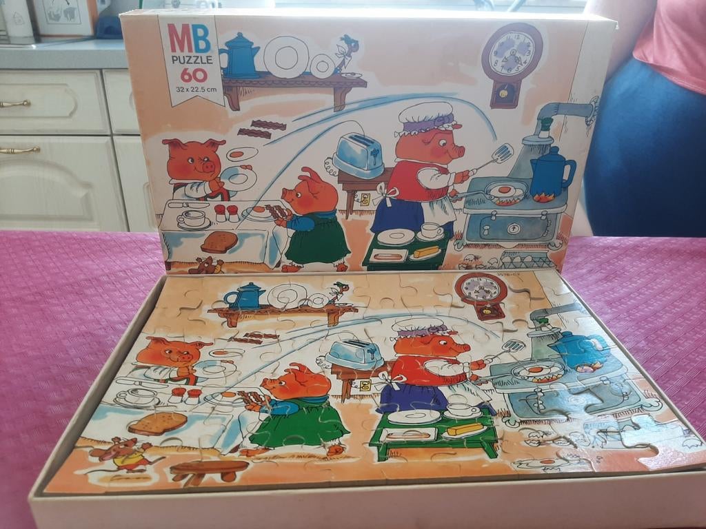Puzzle MB, 3 petits cochons, vintage ! (Fin des années 70, d, Enlèvement ou Envoi, Utilisé