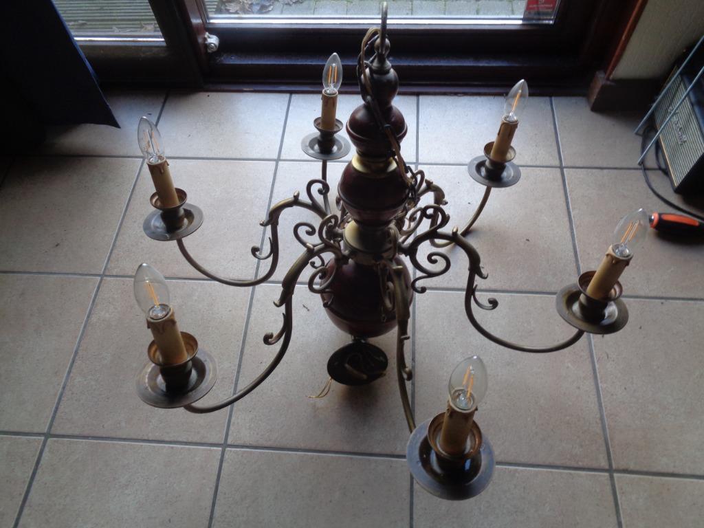 3 lampes suspendues dont 2 lustres en bois et métal jaune, Maison & Meubles, Lampes | Suspensions, Utilisé, Bois, Métal, Enlèvement