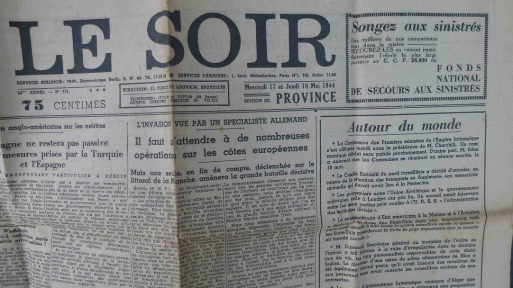 Le Soir, mercredi 17 et 18 mai 1944, pages 1 et 2, Collections, Enlèvement ou Envoi, 1940 à 1960, Journal ou Magazine