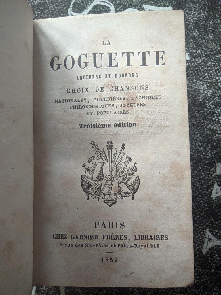 Vieux chansonnier de poche "La Goguette" Paris de 1859, Enlèvement