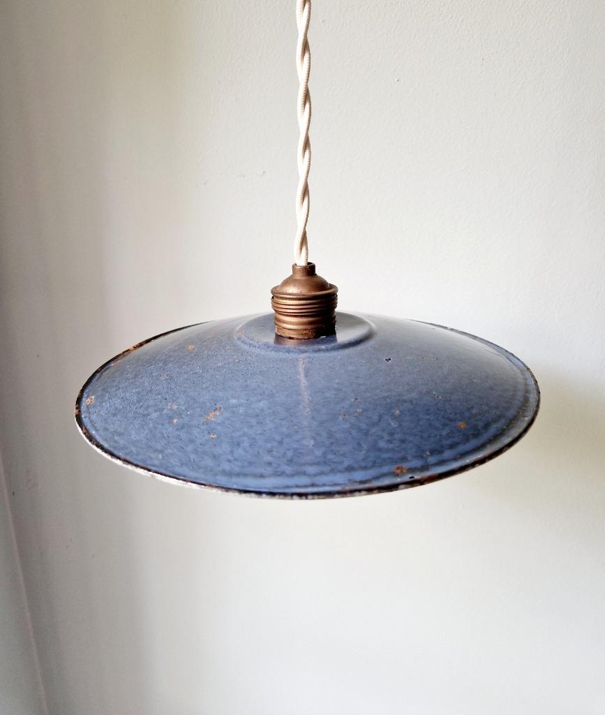 Ancienne suspension industrielle tôle émaillée bleu/gris, Enlèvement ou Envoi