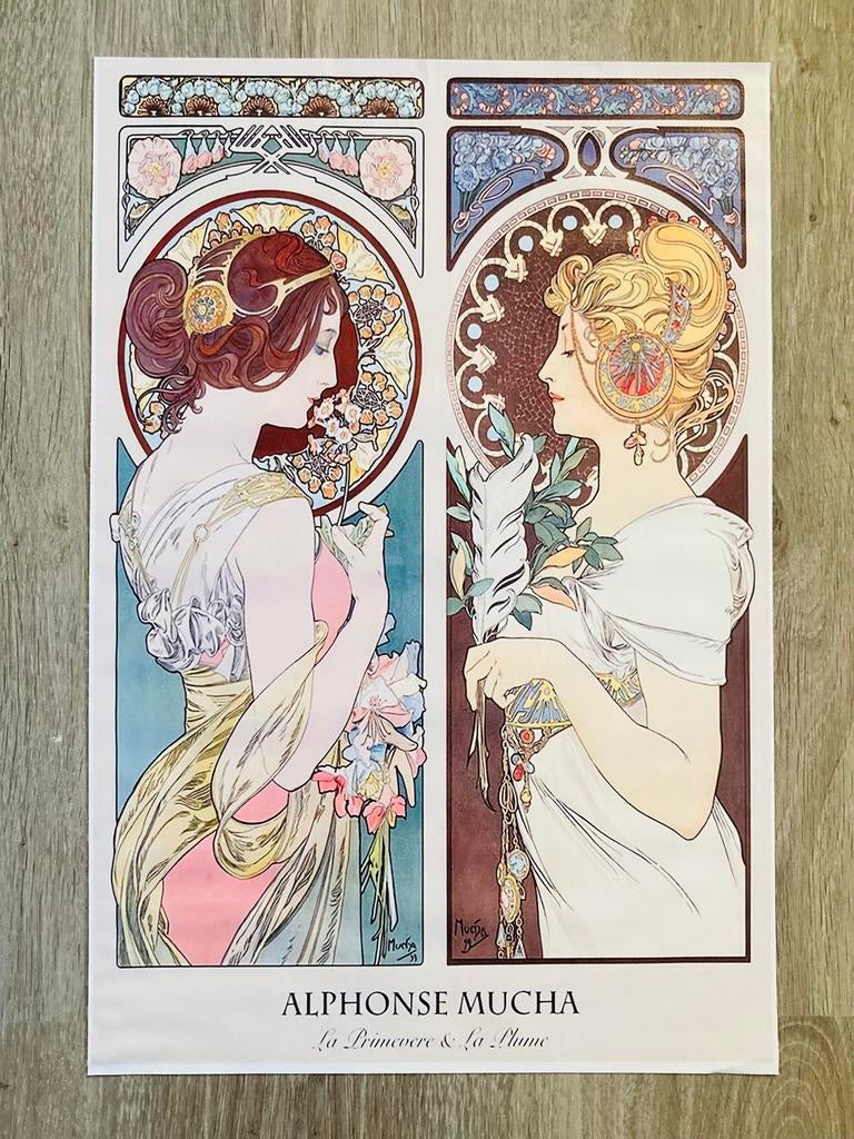 Alphonse Mucha print op vinyl canvas primavera pluma poster, Collections, Rectangulaire vertical, A1 jusqu'à A3, Comme neuf, Enlèvement