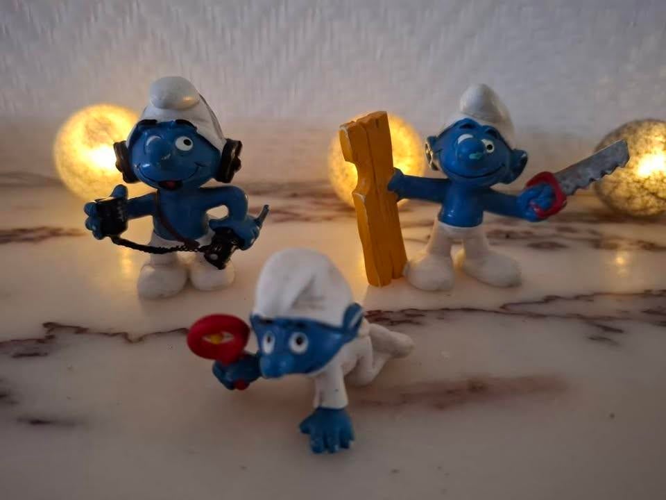 3 figurines Schtroumpfs : bricoleur,  CB Radio,  Bébé, Enlèvement, Utilisé