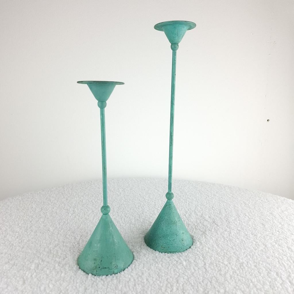 2x vintage kandelaar Memphis Milano jaren 80 turquoise, Ophalen of Verzenden, Kandelaar