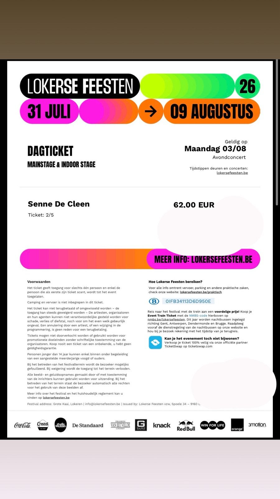 Tickets Lokerse Feesten maandag 03/08, Tickets en Kaartjes, Eén persoon