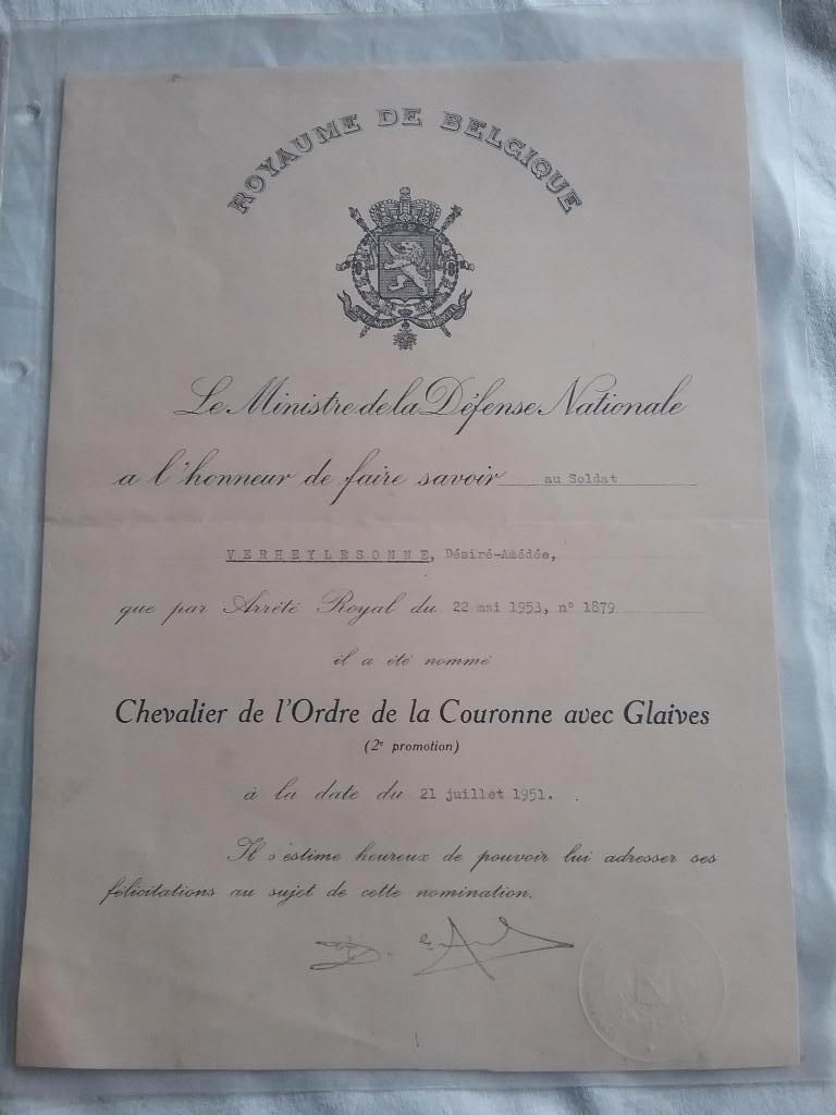 Oorkonde  Kroonorde met zwaarden 1951, Verzamelen, Ophalen of Verzenden, Landmacht, Lintje, Medaille of Wings