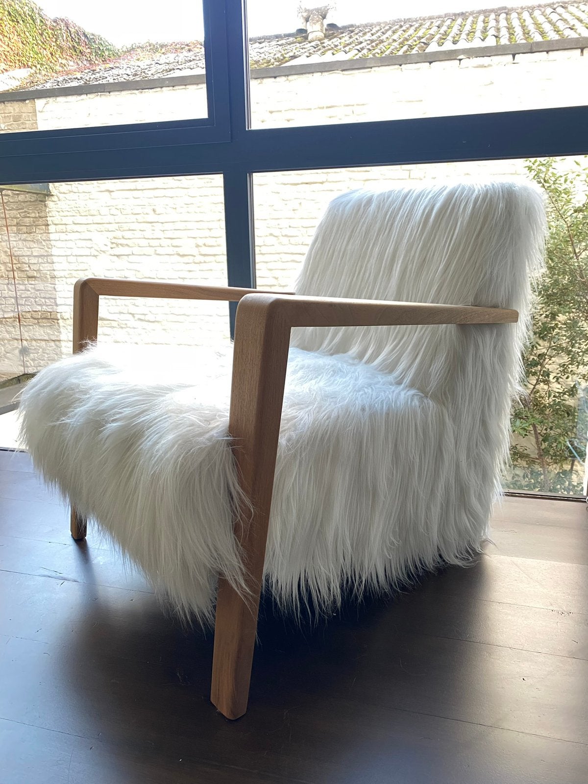 Schapenvacht fauteuil, Ophalen, Minder dan 75 cm, Hout, Zo goed als nieuw