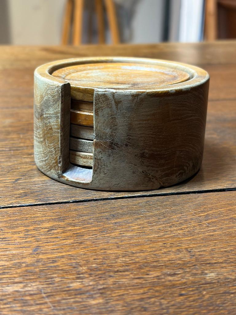 Vintage Rustieke Houten Onderzetters met Houder (Set van 6), Ophalen, Gebruikt, Glas of Kopje