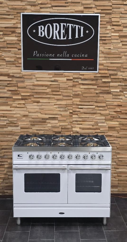 Luxe Boretti Fornuis 100 cm wit + rvs 6 pits 300 oven, Elektronische apparatuur, Ophalen, 60 cm of meer, Zo goed als nieuw, Energieklasse A of zuiniger