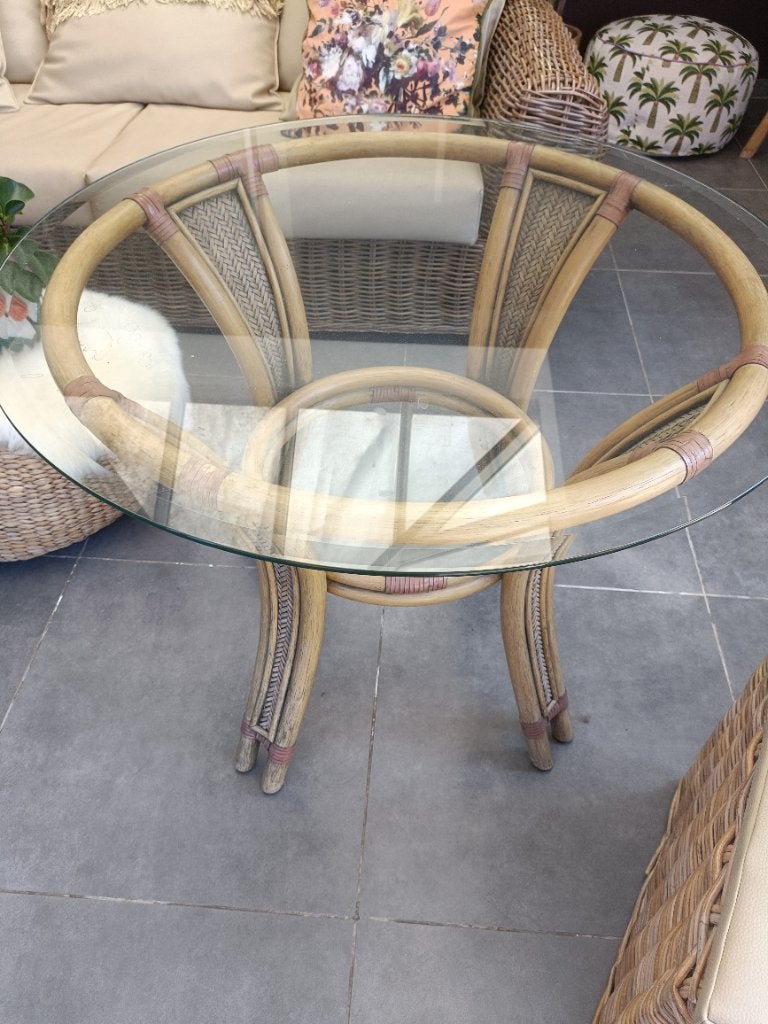 Ronde tafel bruin met glas, Ophalen, 50 – 75, Gebruikt, Glas
