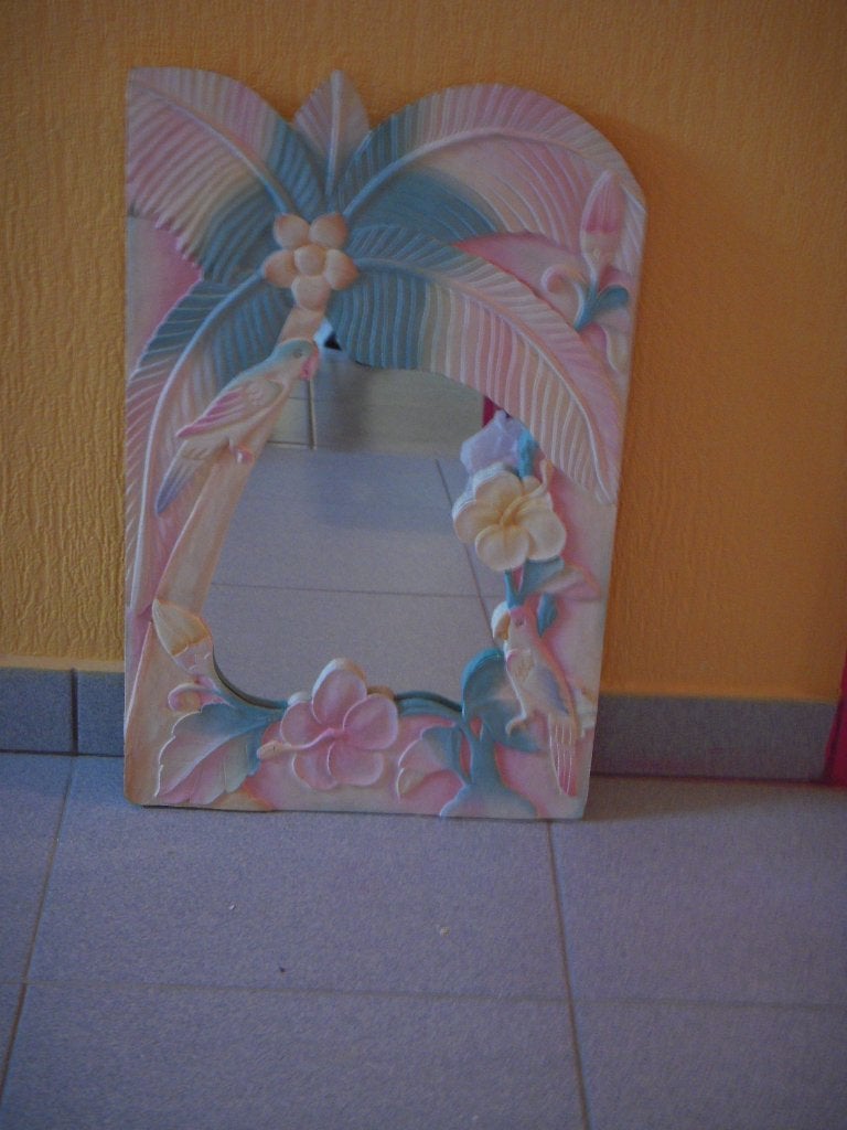 miroir d'Indonésie en bois décors oiseaux 40 X 60 cm, Maison & Meubles, Enlèvement, Comme neuf, Rectangulaire