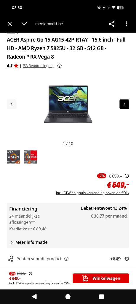 Acer aspire Go15 /Ryzen 7 /32GB RAM/ 2x slot M.2, Computers en Software, Windows Laptops, Ryzen 7, Met videokaart, Zo goed als nieuw