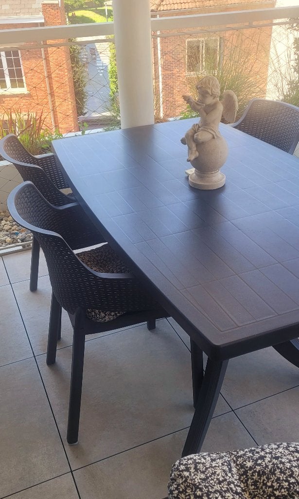 Terras tafel en 4 stoelen, Ophalen, Gebruikt, Rechthoekig, Kunststof