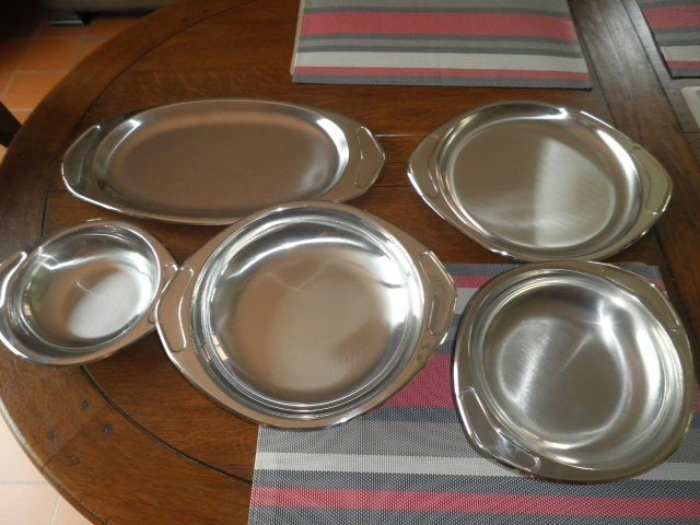 Set inox serveer schalen   5 stuks, Huis en Inrichting, Keuken | Tupperware, Ophalen, Overige kleuren, Schaal, Stapelbaar