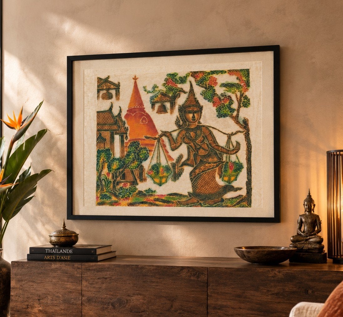 authentique frottage  temple sur papier mûrier 1940 Thaïland, Antiquités & Art, Tableau, Enlèvement ou Envoi, Bois, Noir