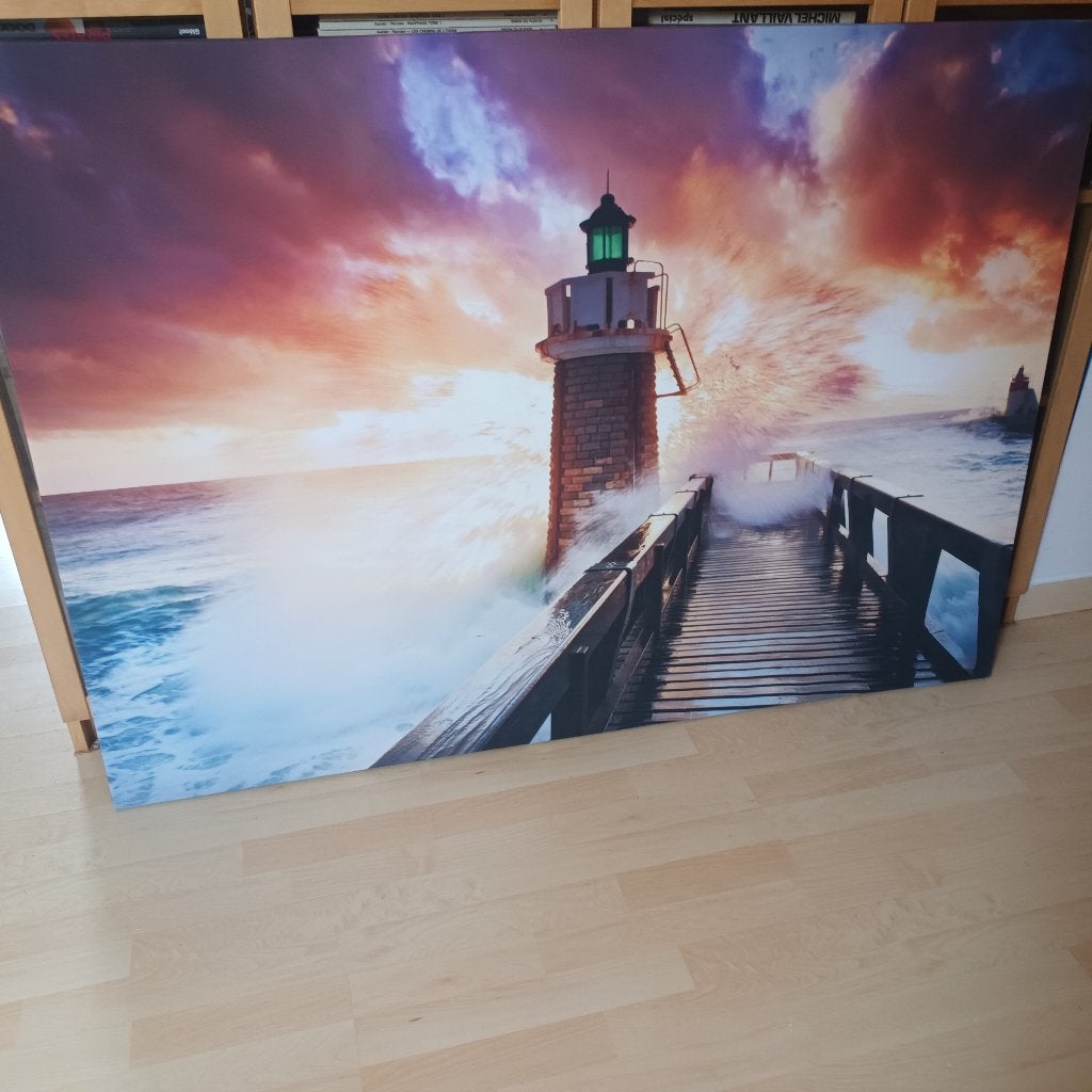 Magnifique toile Phare avec coucher de soleil, Peinture acrylique, Enlèvement, Réaliste, Toile