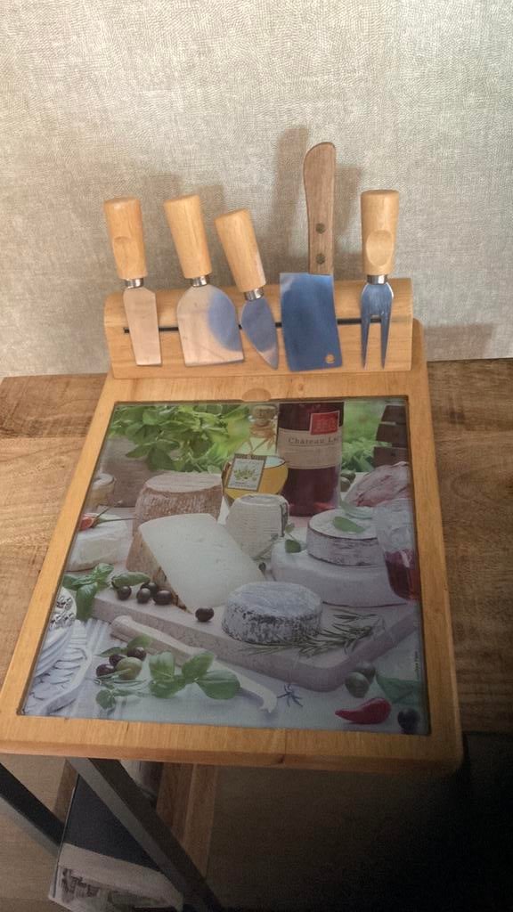 Kaasplank Easy life glas/hout incl. 5 kaasmessen, Ophalen, Zo goed als nieuw, Glas