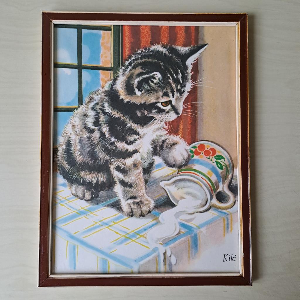Prent De Kat bij de melk zetten, Boeken, Ophalen, Zo goed als nieuw, Katten, Zie beschrijving