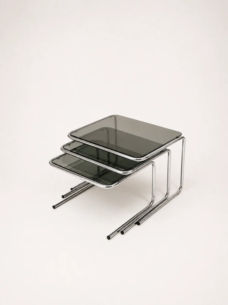 Vintage bijzettafels chrome rookglas nesting mimi, Ophalen, Space age jaren 70 vintage