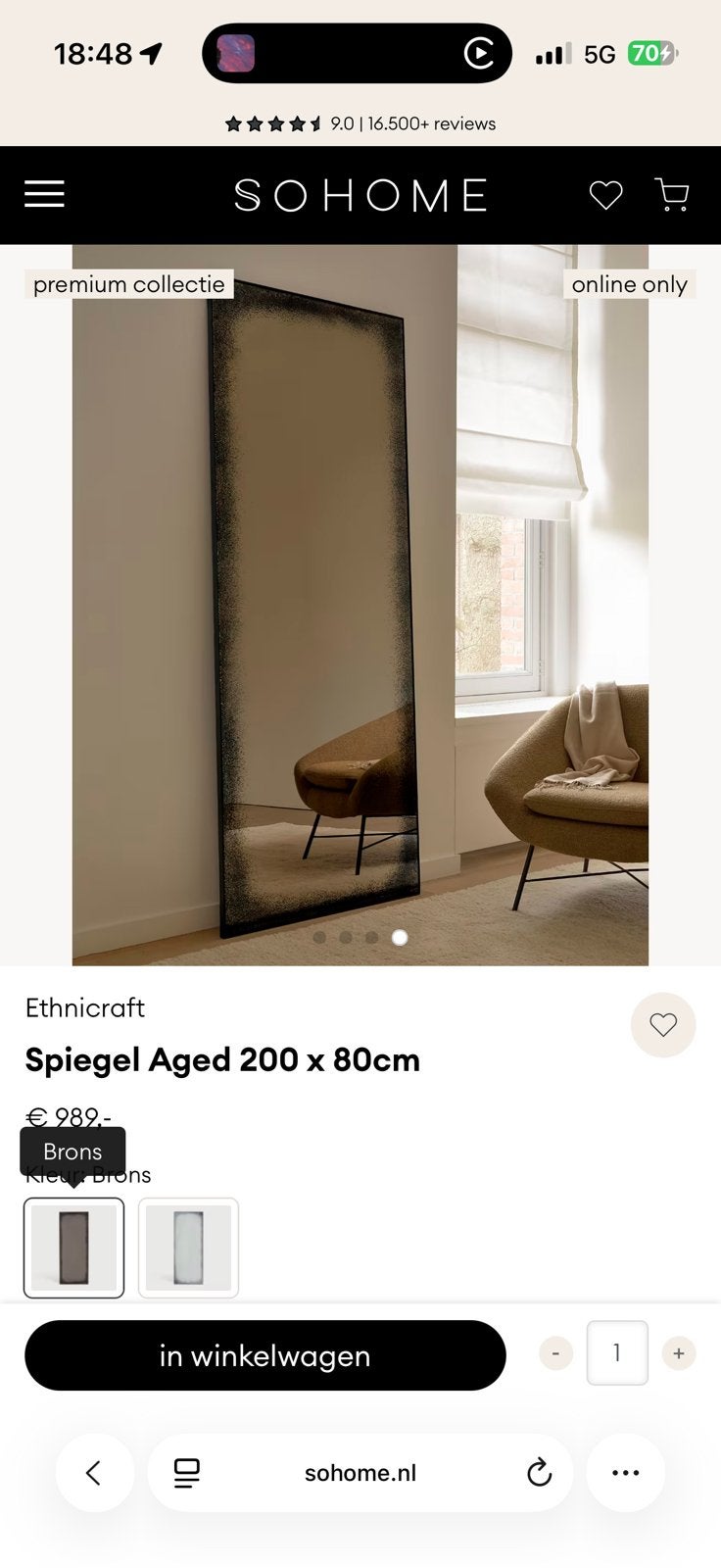 Ethnicraft Spiegel Aged 200 x 80cm, Antiquités & Art, Antiquités | Miroirs, 50 à 100 cm, 150 à 200 cm, Rectangulaire, Enlèvement