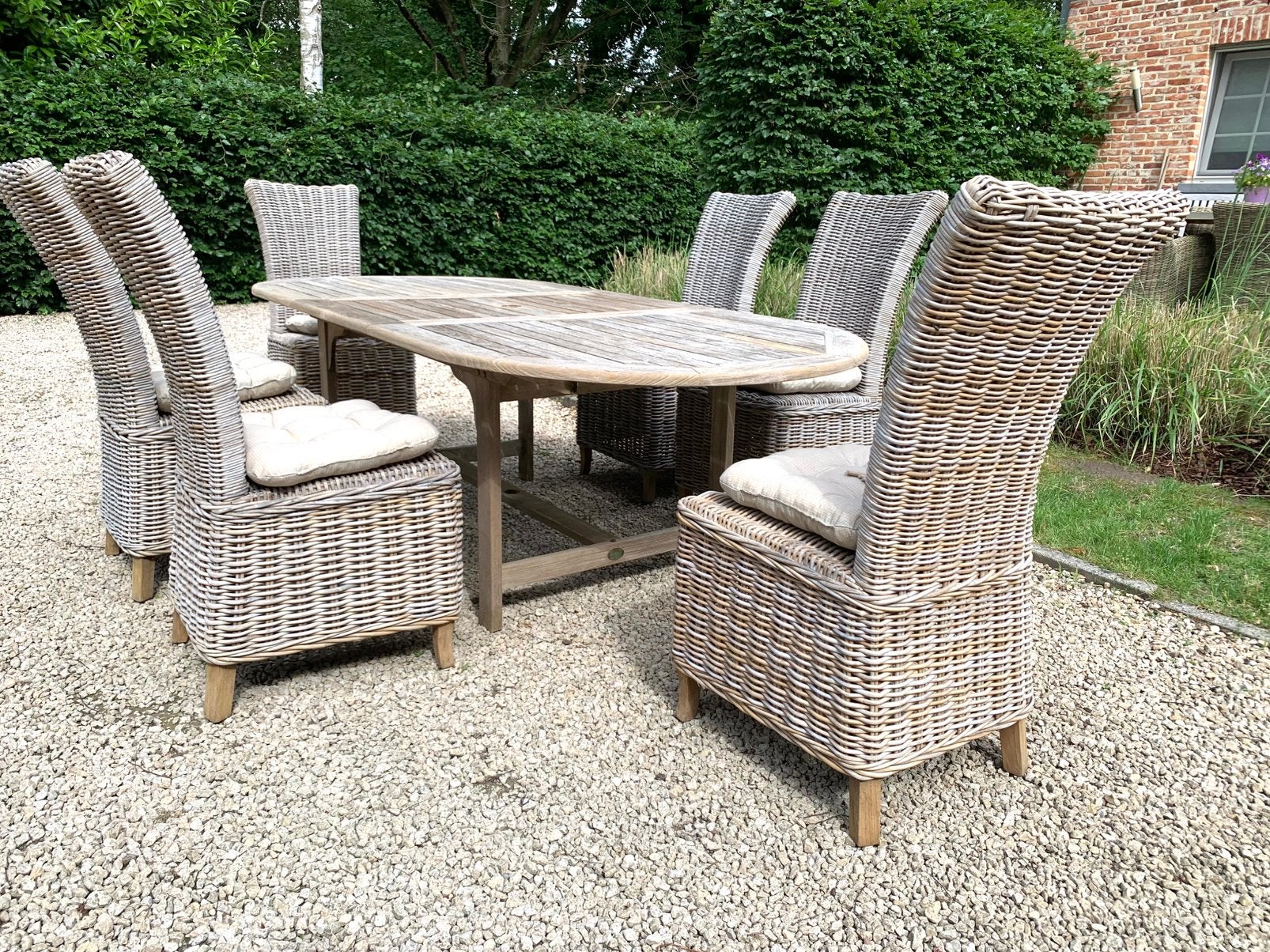 Teak Tuinset Tafel 240 & 6 Rotan/teak stoelen + kussens!, Enlèvement, Comme neuf, Rotin, Salons de jardin