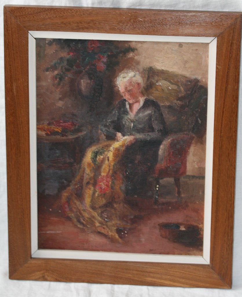 Oude schilderij Olie op paneel 1942, Daté, Portrait ou Personnes, Enlèvement ou Envoi, Peinture à l'huile