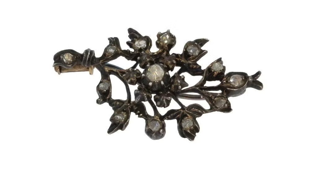 Diamanten antieke bloem 14k gouden broche tak zilver, Handtassen en Accessoires, Ophalen of Verzenden, Zilver, Broche, Met edelsteen