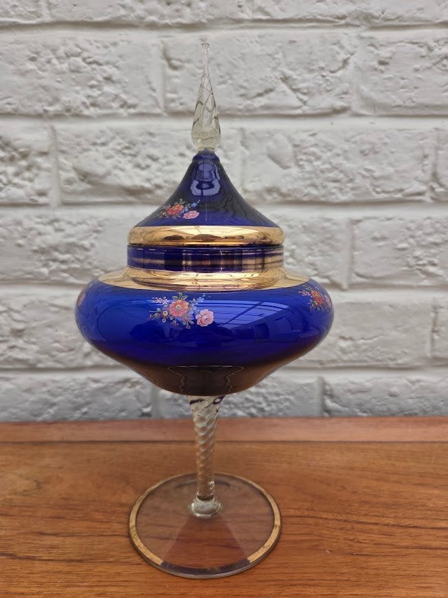 Vintage blauwe, glazen schaal met deksel, Antiek en Kunst, Ophalen