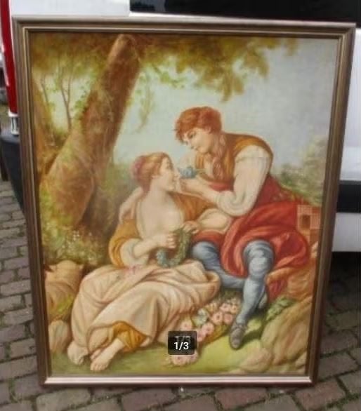 Prachtig Schilderij op doek - Liefde in 18de Eeuw - 127x102, Antiek en Kunst, Ophalen, Ingelijst, Doek, Portret of Personen