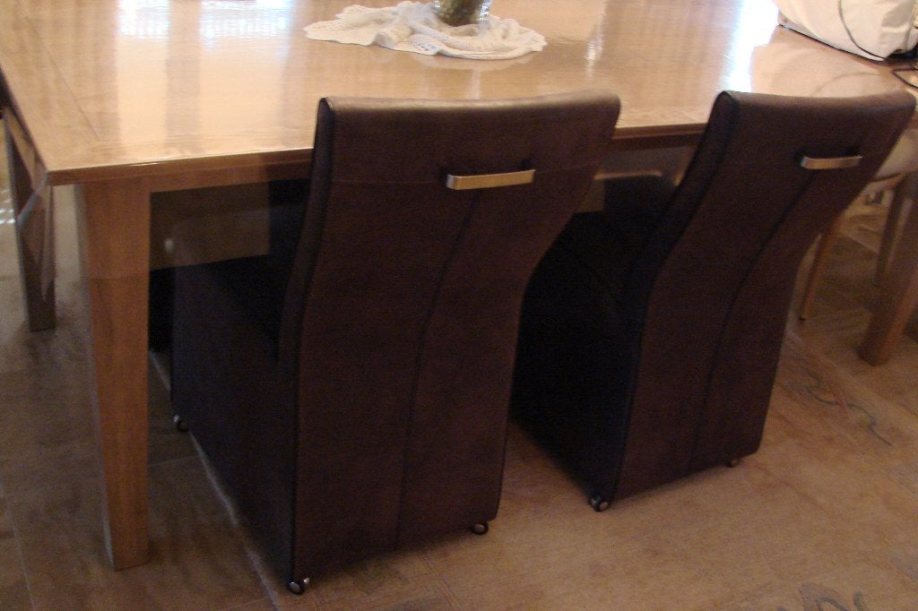 6 stoelen: wieltjes en nubuck, Huis en Inrichting, Stoelen, Ophalen, Gebruikt, Bruin, Leer