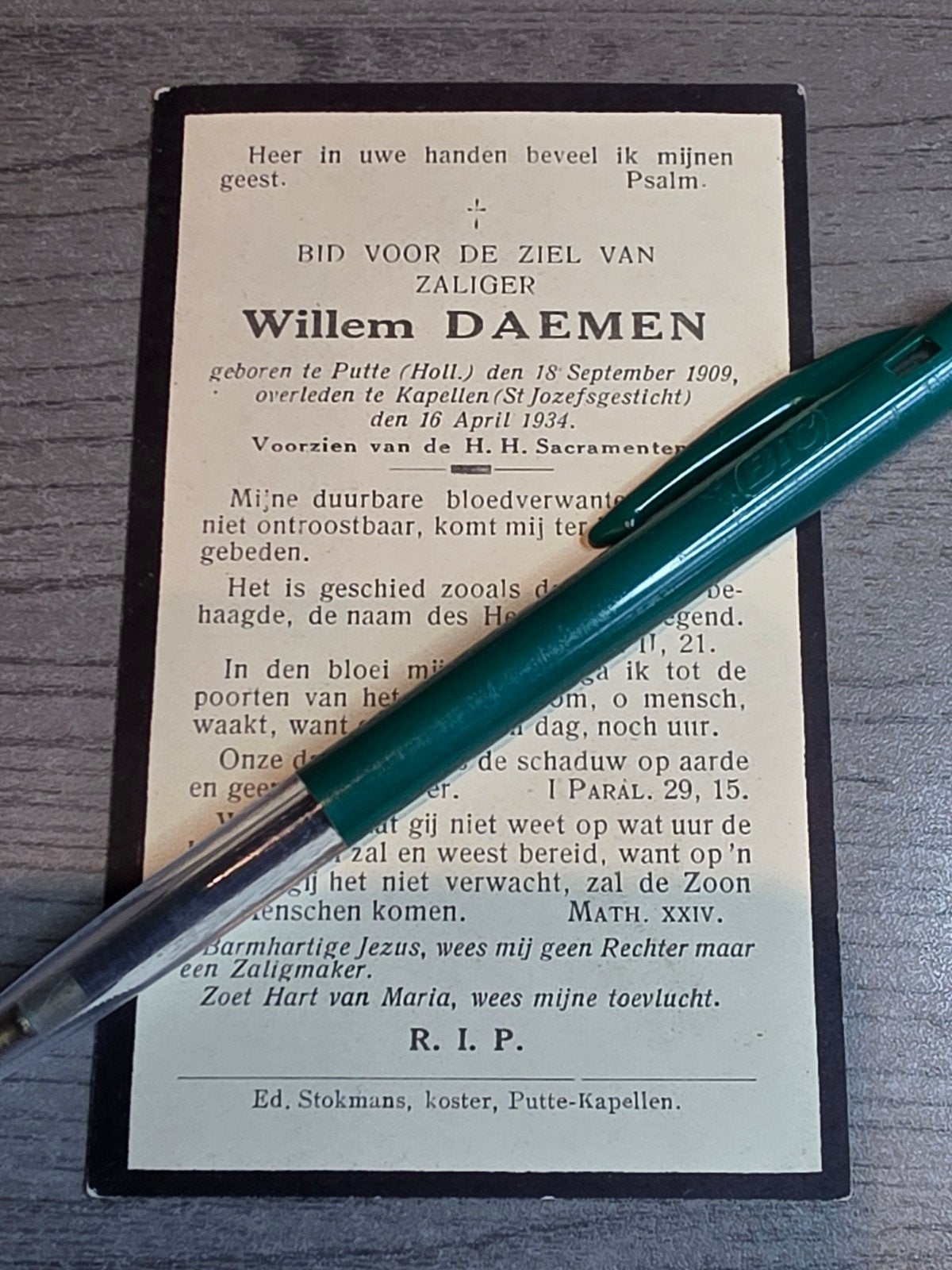 Willem Daemen Putte Holland 1909 Chapelles 1934, Collections, Images pieuses & Faire-part, Enlèvement ou Envoi