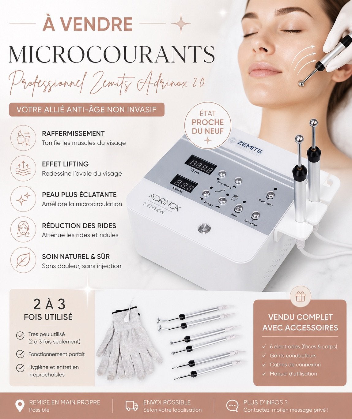 Appareil professionnel de microcourants Zemits Adrinox 2.0, Bijoux, Sacs & Beauté, Enlèvement ou Envoi, Comme neuf