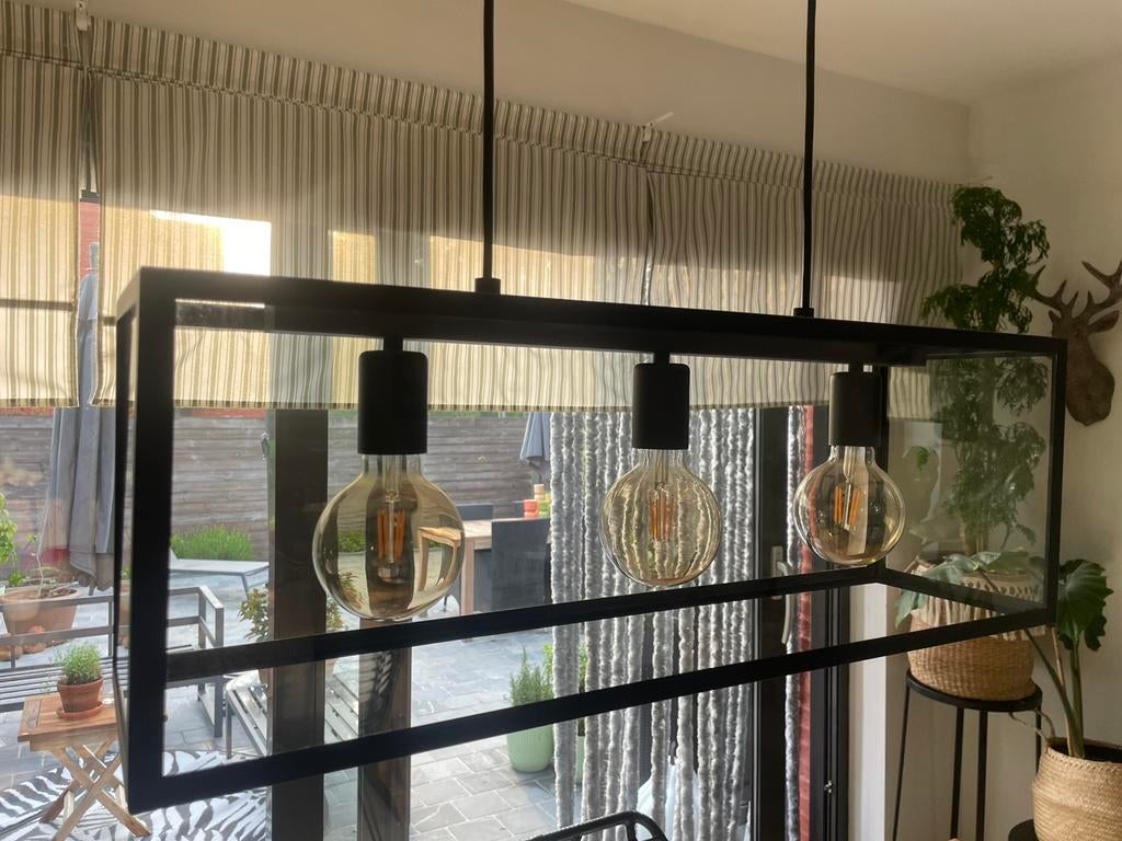 Industriële hanglamp zwart metaal/glas, Huis en Inrichting, Ophalen, Zo goed als nieuw, Glas