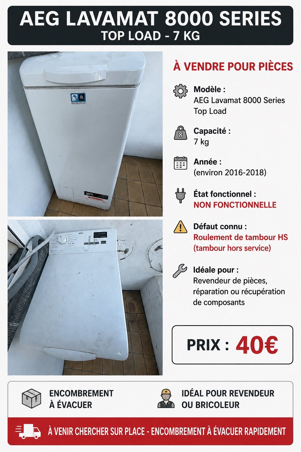 Machine à laver AEG – Pour pièces ou réparation, Electroménager, Enlèvement, Ne fonctionne pas
