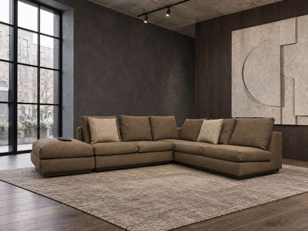 NIEUWSTAAT Minotti Andersen Hoekbank + Hocker + GARANTIE, Hoekbank, 300 cm of meer, Ophalen of Verzenden, Zo goed als nieuw