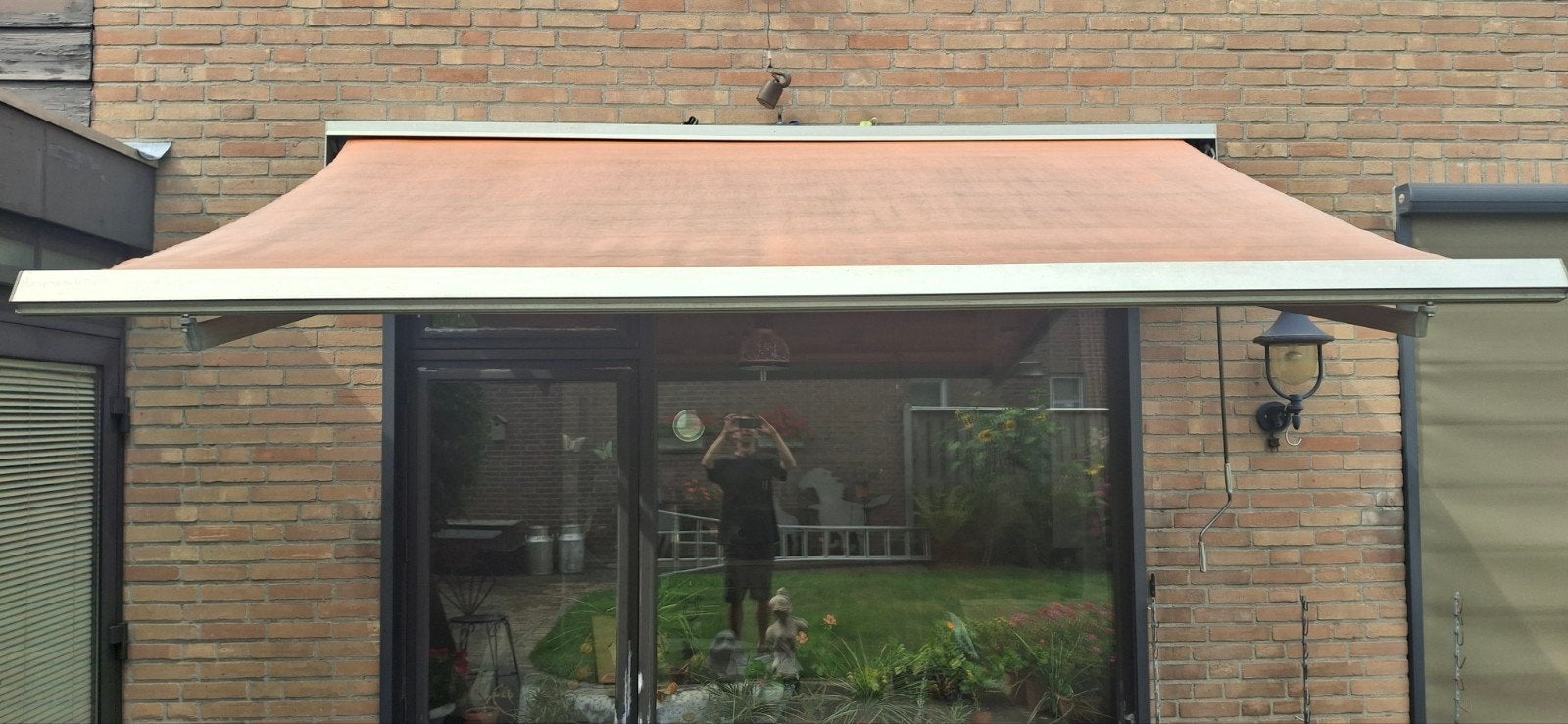 Knikarmscherm3mBreedx2mUit Handm. +Haakse ophangbeugels, Ophalen, Gebruikt, Knikarmscherm
