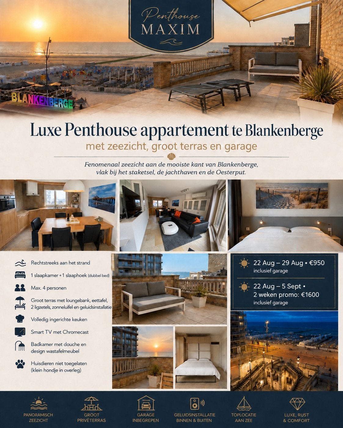 Luxe Penthouse voor 4pers Blankenberge met zeezicht & garage, Vacances
