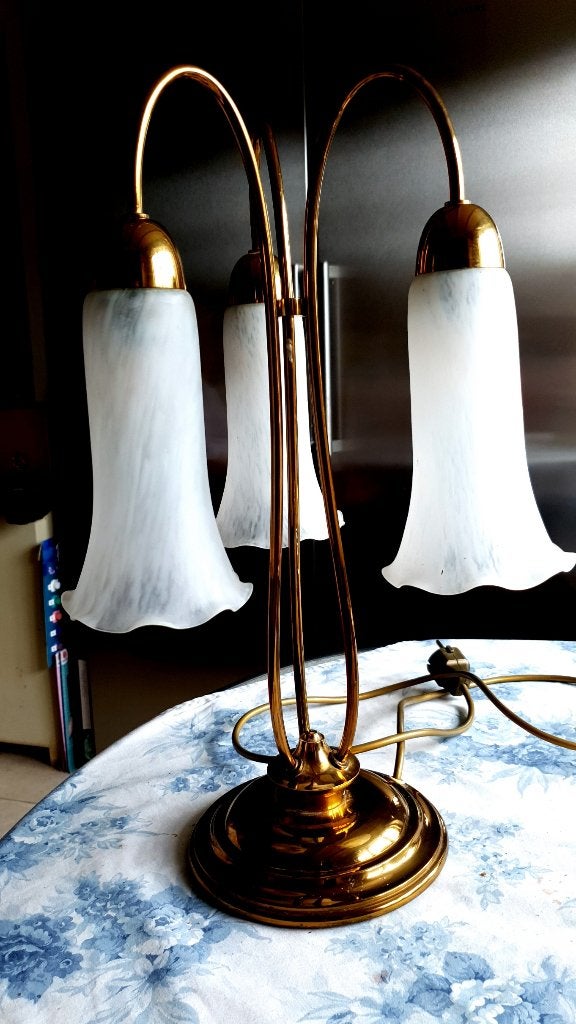 Unieke Art Deco tafellamp met 3 grote kelken en koperen, E14 (klein), Zo goed als nieuw, Glas, Overige kleuren