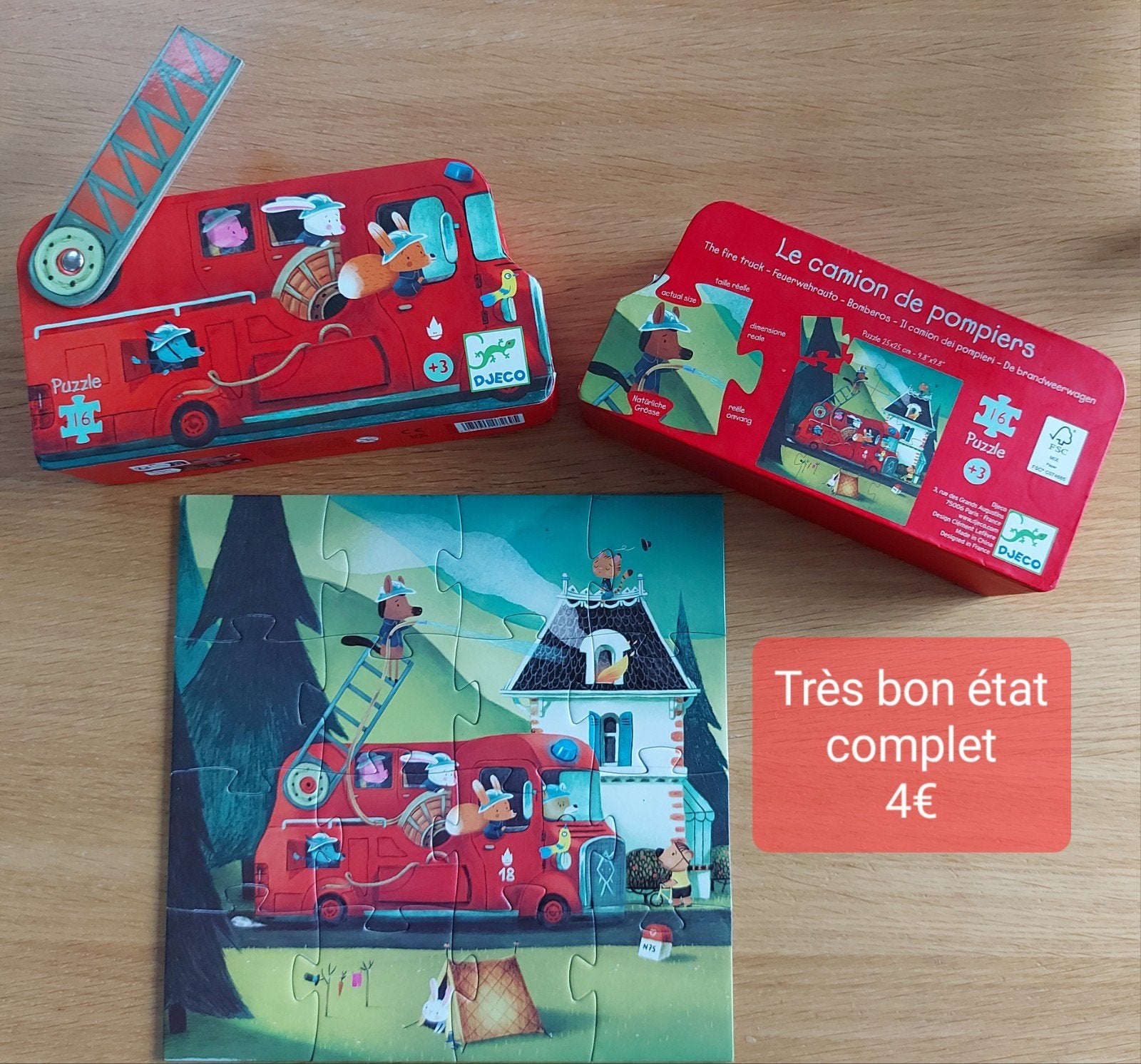 Djeco Puzzle 16 pièces Le camion de pompier, Enlèvement ou Envoi, Comme neuf